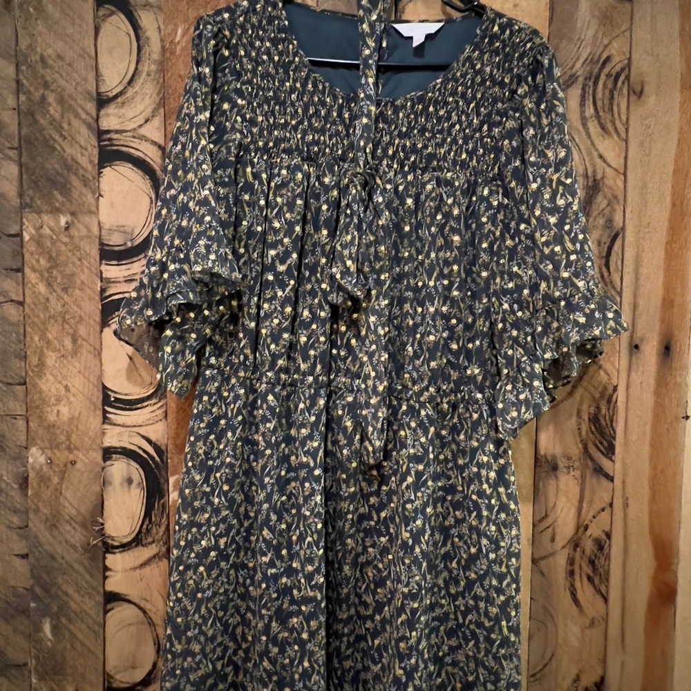 LC Lauren Conrad Beautiful  green , floral with gold fleck and Yellow dress